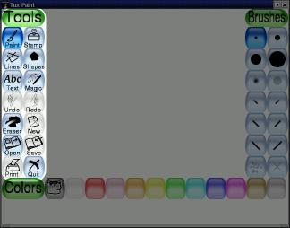 [Tools: Paint, Stamp, Lines, Shapes, Text, Magic, Label, Undo, Redo,
      Eraser, New, Open, Save, Print, Quit]